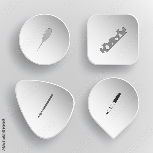 4 images: awl, cycle spanner, ruling pen, ink pen. Angularly set