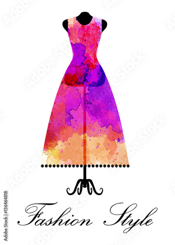 Fashion Style - pink vector   watercolor  dress on dummy