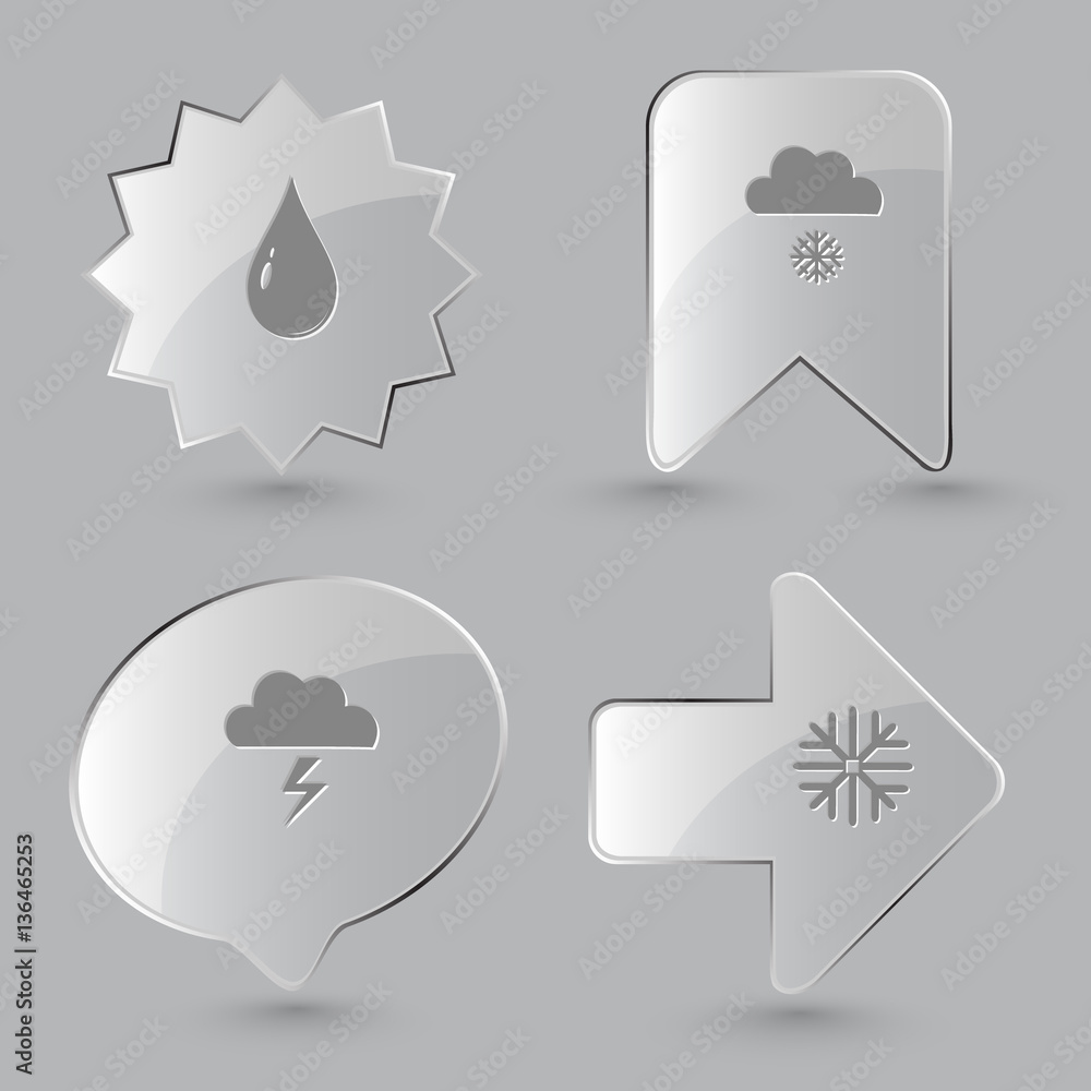4 images: drop, snowfall, thunderstorm, snowflake. Weather set. 4 images: drop, snowfall, thunderstorm, snowflake. Weather set.