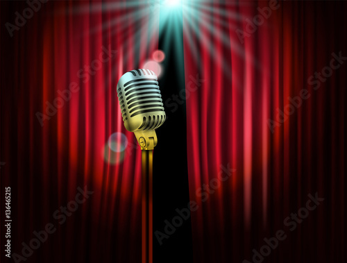 Opening stage curtains with shining microphone. Vector illustrat