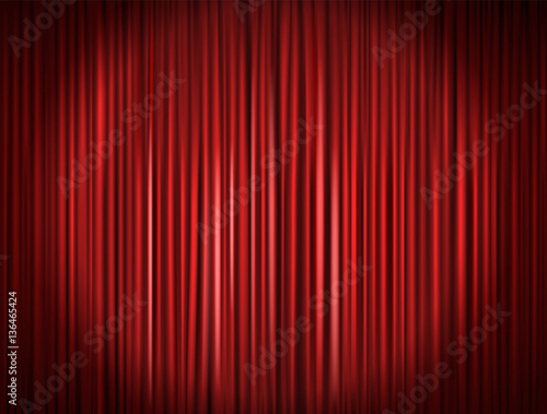 Opening stage curtains with bright projectors. Vector illustration