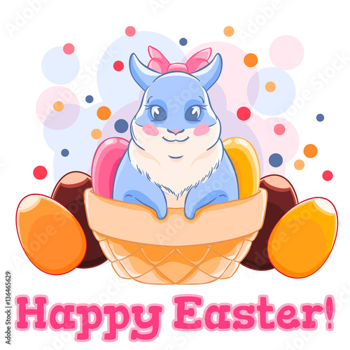 Cute Easter Bunny in basket with sweets and chocolate eggs. Confetti. Spring holiday. Vector illustration