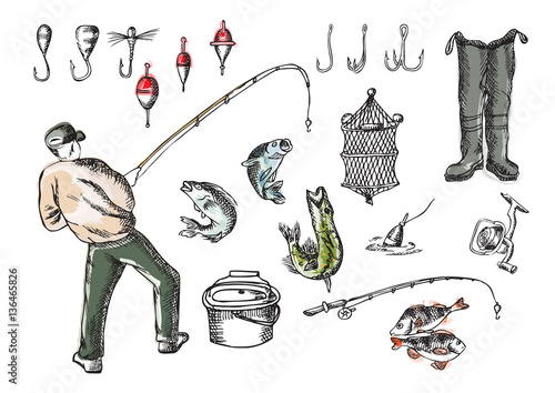 Fisherman and fishing. Set