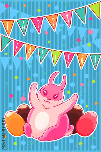 Joyful Easter rabbit and chocolate eggs. Confetti, flags and garlands. A celebration of spring.