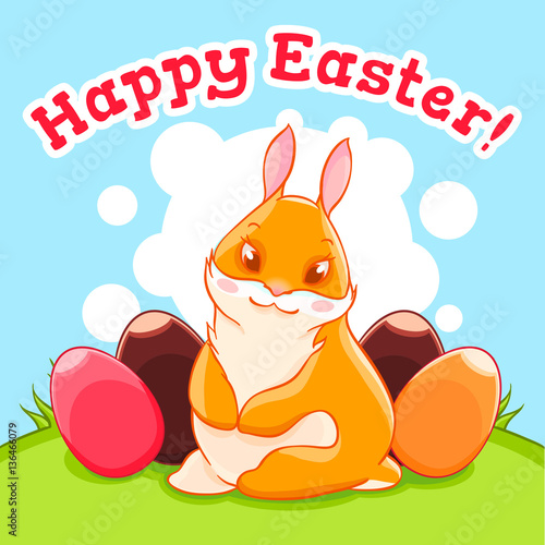 The Easter Bunny in the meadow. Egg hunting. A celebration of spring. Vector illustration
