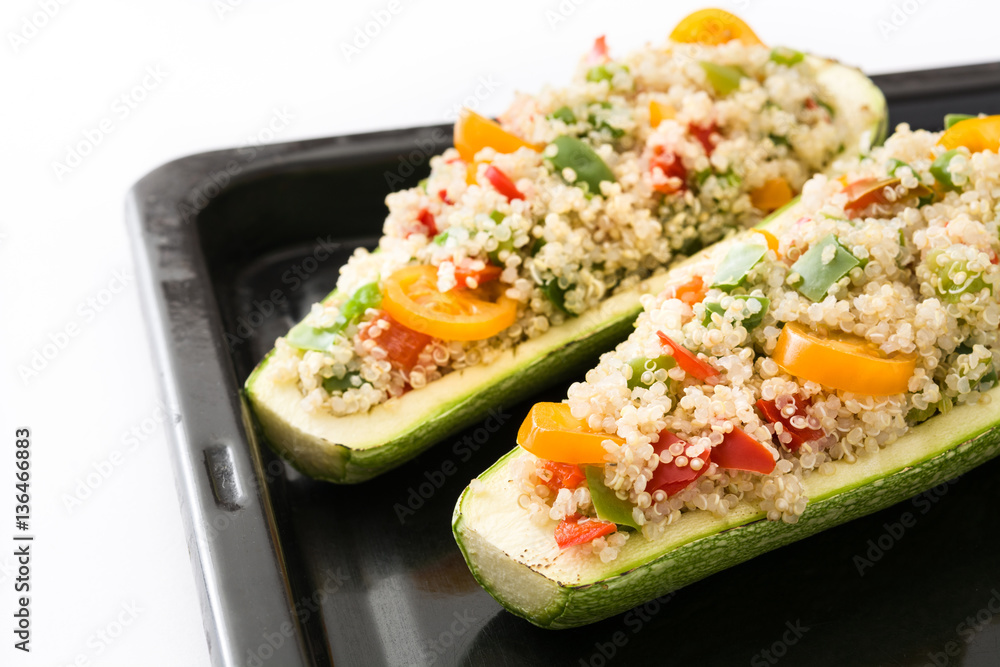 Stuffed zucchini with quinoa and vegetables, isolated on white background
Stuffed zucchini with quinoa and vegetables, isolated on white background