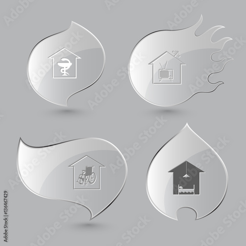 4 images: pharmacy, home tv, nursing home, hotel. Home set. Glas