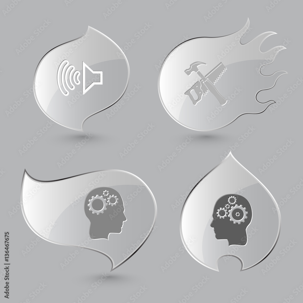 4 images: loudspeaker, hand saw and hammer, human brain. Tehnolo 4 images: loudspeaker, hand saw and hammer, human brain. Tehnolo