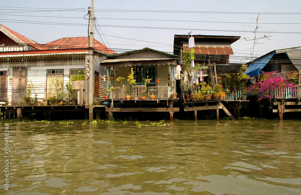 Riverside slums on the riverside of Chao Praya River in Bangkok, Thailand