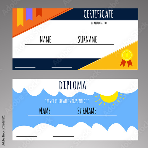 Kids diploma preschool certificate elementary school design template background. vector illustrator photo