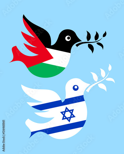 METAPHOR MEANING: Two doves with olive branch in colors of Palestine and Israel as metaphor of peace and ceasefire. Negotiations, treaties, agreements and deals leading to peaceful coexistence 