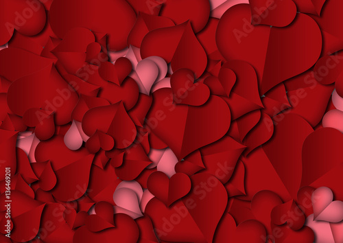 Valentine's day red hearts made of paper. Artistic digital illustration background