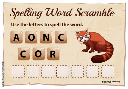 Spelling word scramble game template with raccoon