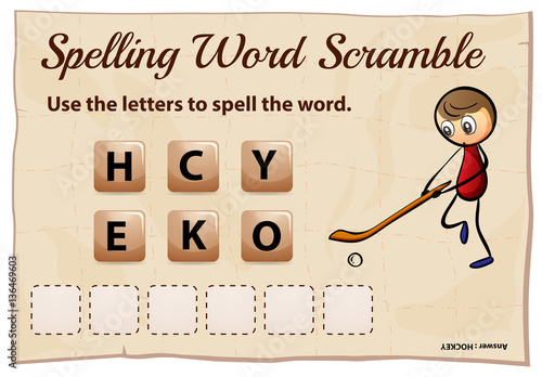 Spelling word scramble game template with hockey