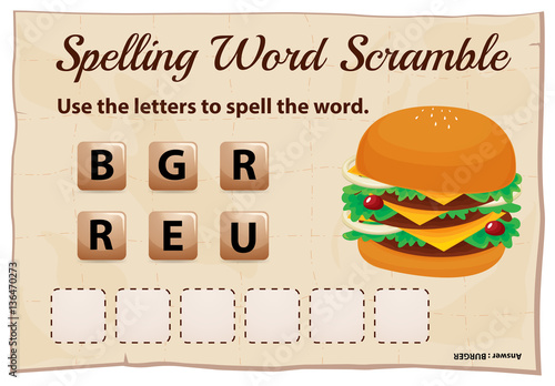 Spelling word scramble game template with hamburger