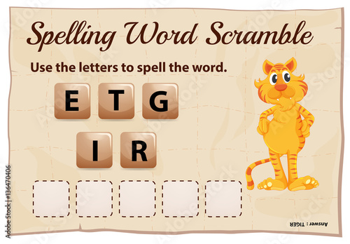 Spelling word scramble game template with word tiger