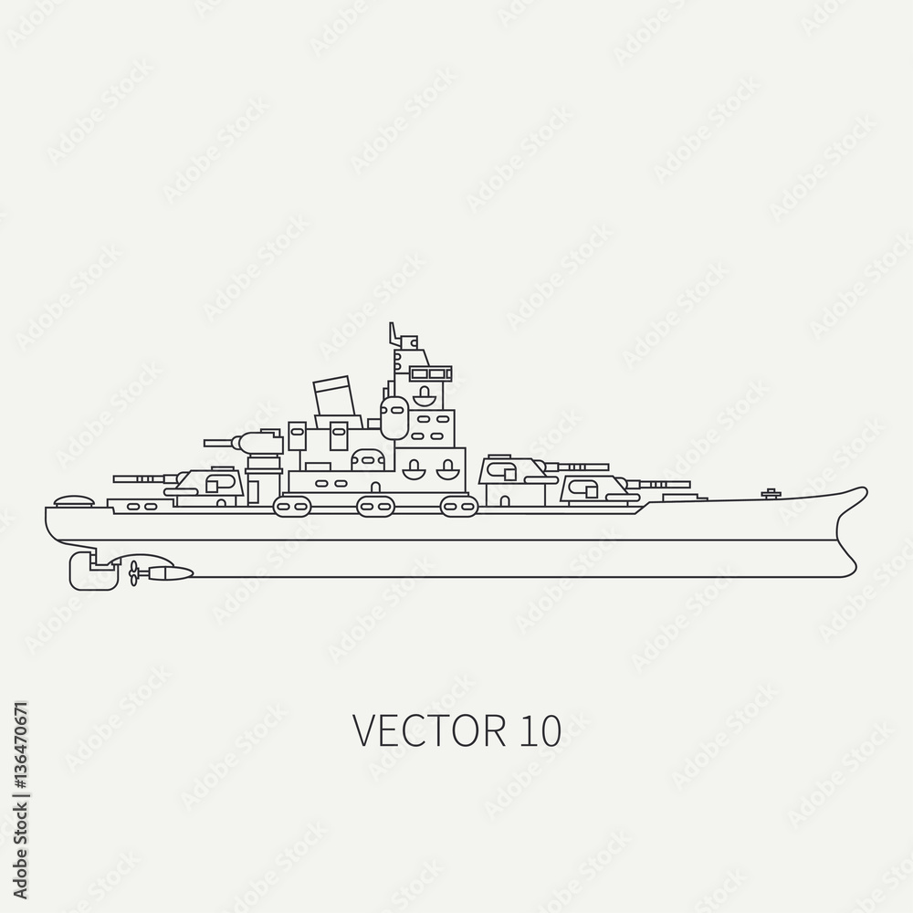 Line flat vector retro icon naval battleship. Dreadnought warship. Cartoon vintage style. War. Navy. Ocean. Sea. Guns. Armor. Squadron. Captain. Sail. Simple. Illustration and element for your design.