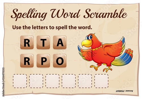 Spelling word scramble game template with word parrot