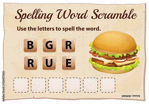 Spelling word scramble game template with word hamburger