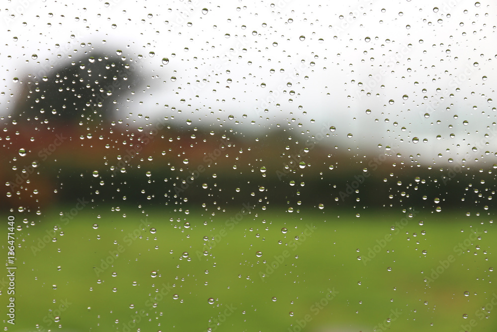 Regentropfen auf einer Fensterscheibe, unscharfe Landschaft im Hintergrund