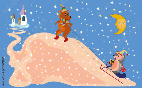 cartoon style illustration with a funny bear pulling a little hedgehog sitting on the sledge 