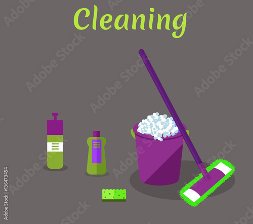 Tools for housekeeping: a violet bucket with soapy foam, MOP with handle and cloth, bottle of detergent with a cover, spray and green sponge. Vector illustration. Cleaning
