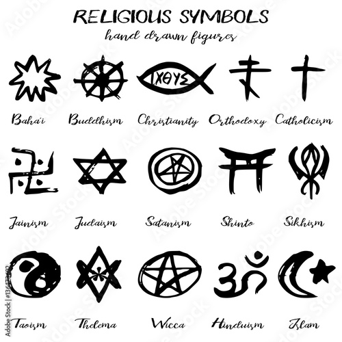 Hand drawn religious symbols, written grunge signs with their names on white background. Vector illustration