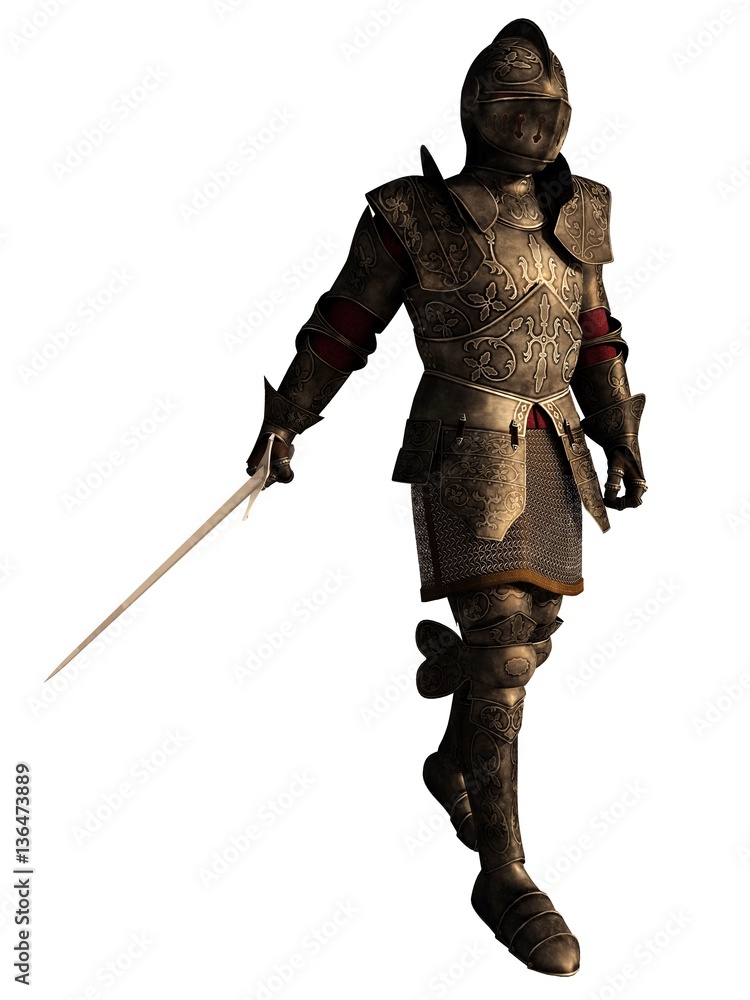 Illustration of a Medieval or Fantasy Knight in Decorated Armour with Sword