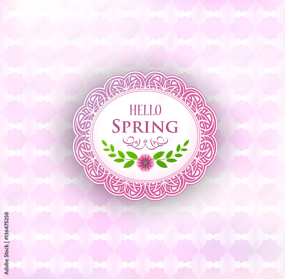 patterned round label with pink spring flowers background, vector illustration