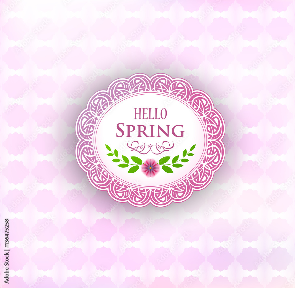 Naklejka premium patterned round label with pink spring flowers background, vector illustration