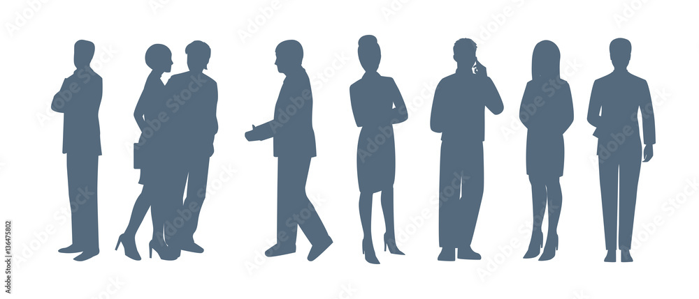 Figures of people. Business characters. Working people, meeting, teamwork. Abstraction. Set of people silhouettes. Full length of silhouette people standing against white background. Vector image.
