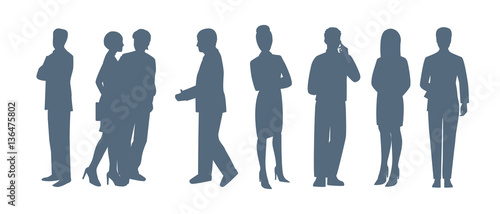 Figures of people. Business characters. Working people, meeting, teamwork. Abstraction. Set of people silhouettes. Full length of silhouette people standing against white background. Vector image. 