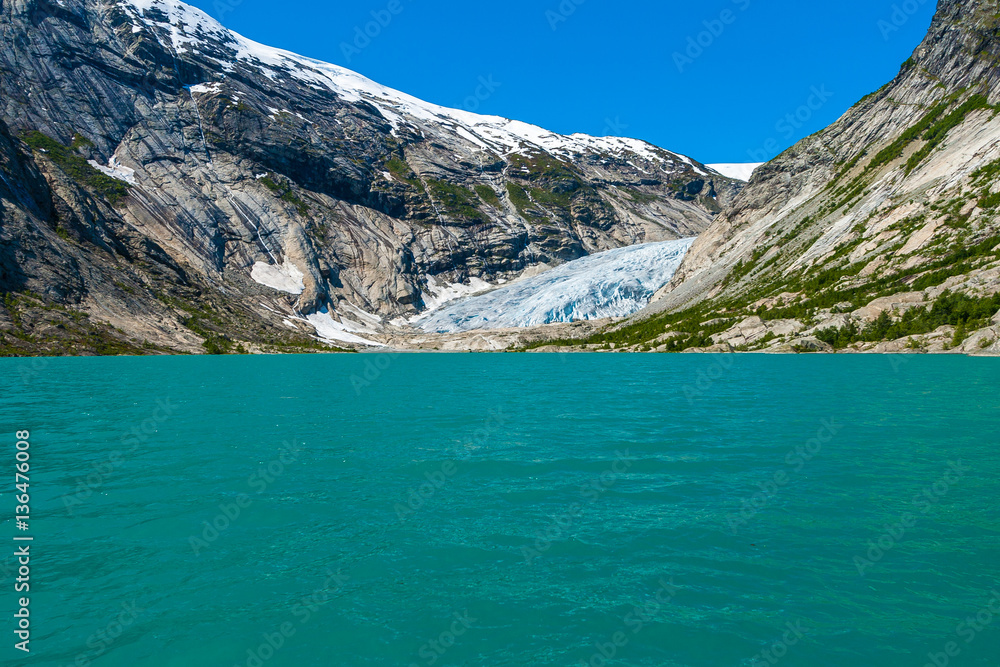 Lake and Nigardsbreen glacier, Jostedalsbreen National Park, Norway.