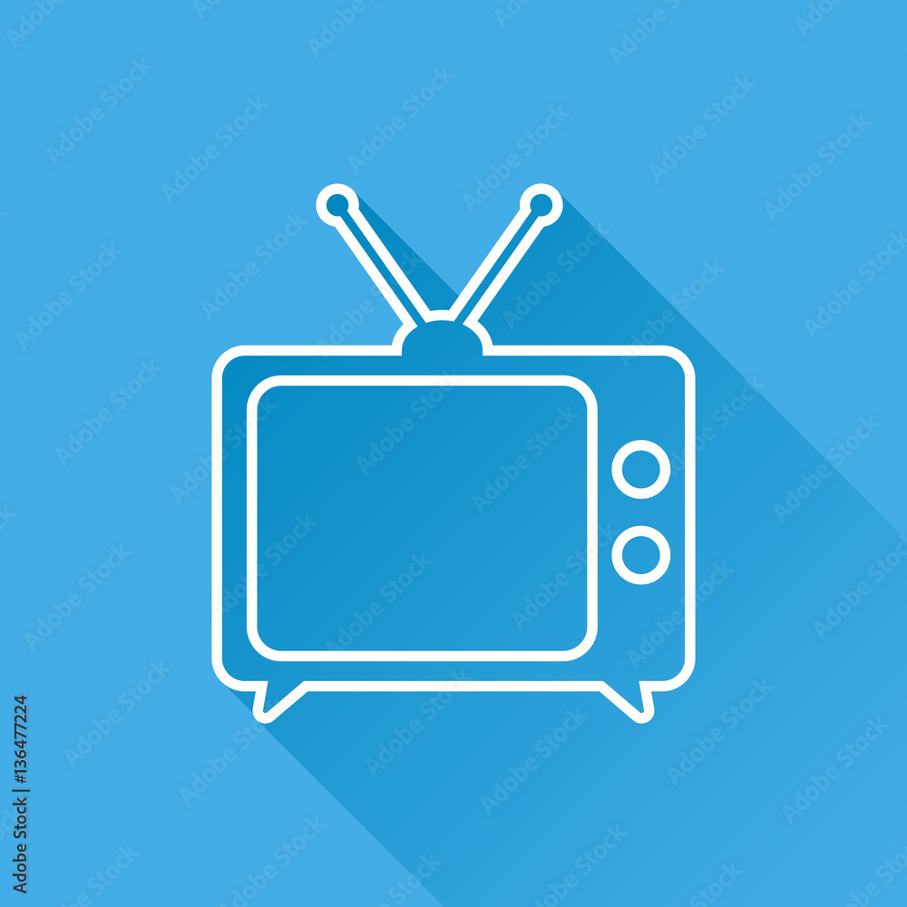 Tv Icon vector illustration in line style isolated on blue background with long shadow. Television symbol for web site design, logo, app, ui. Tv Icon vector illustration in line style isolated on blue background with long shadow. Television symbol for web site design, logo, app, ui.
