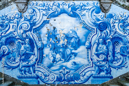 Religious scene in blue azulejos at the Remedios stairs in Sanctuary Nossa Senhora dos Remedios. Lamego, Portugal.