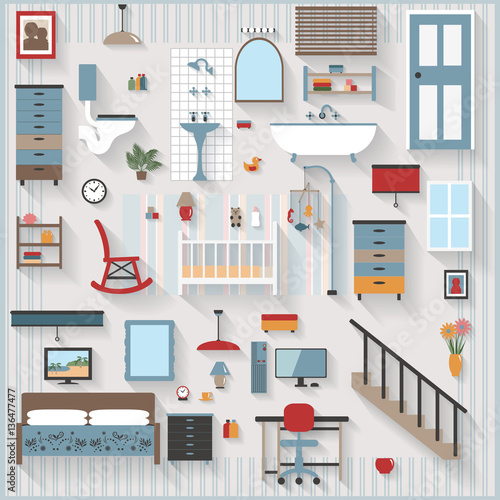 Furniture and Long Shadows icons, Nursery or Baby Room with Cot, bedroom, bathroom, stairs, All items grouped separately and easy to move or edit