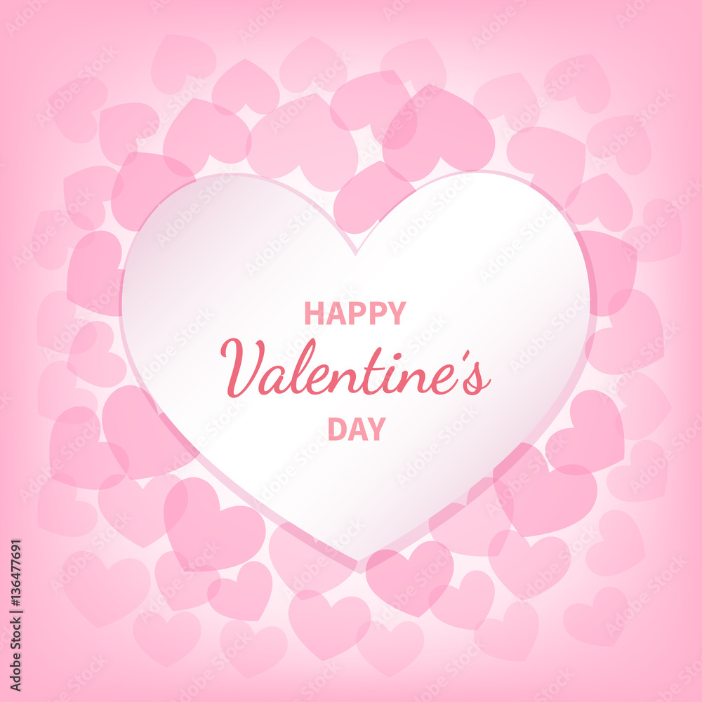 Happy Valentine's Day greeting card with white and pink hearts. The inscription on the middle. Festive romantic love symbol. Vector illustration.