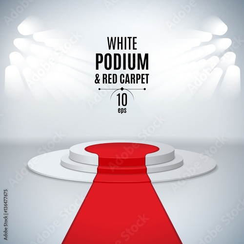 Illuminated stage 3d podium with red carpet for award ceremony.