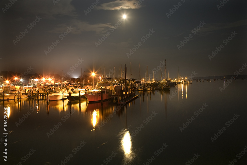 Padnaram Harbor with Boats Yacht Club Piers and Moon