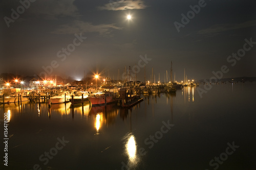 Padnaram Harbor with Boats Yacht Club Piers and Moon © Bill Perry