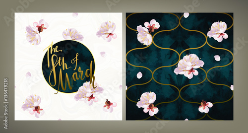International Women's Day card and the same style pattern tile vector set. Textured plum tree flowers and petals on marble background. Sabby gold and emerald velvet texture.