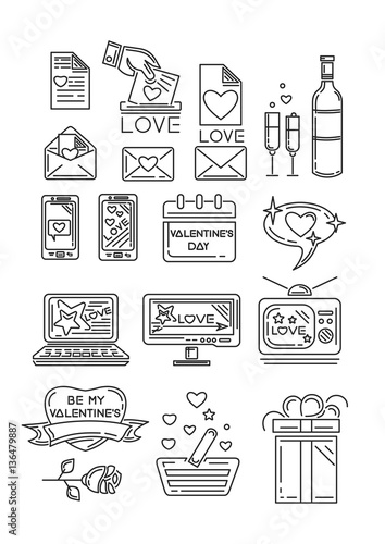 Line icons set for Valentine's Day and other romantic events. Gift box, calendar, rose flower, romantic message, appliances, heart with an inscription - Be my Valentine. Vector illustration