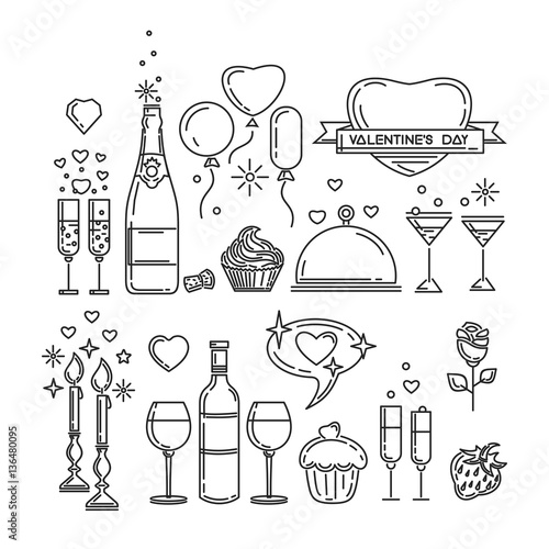 Line icons set for Valentine's Day and other romantic events. Romantic dinner. Bottle of wine, glasses, champagne, strawberries, cake, rose flower, candlelight. Vector illustration