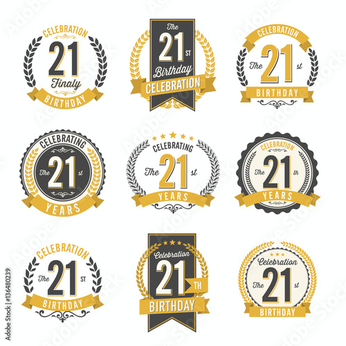 21st Birthday Celebration. Set of Birthday Badges.