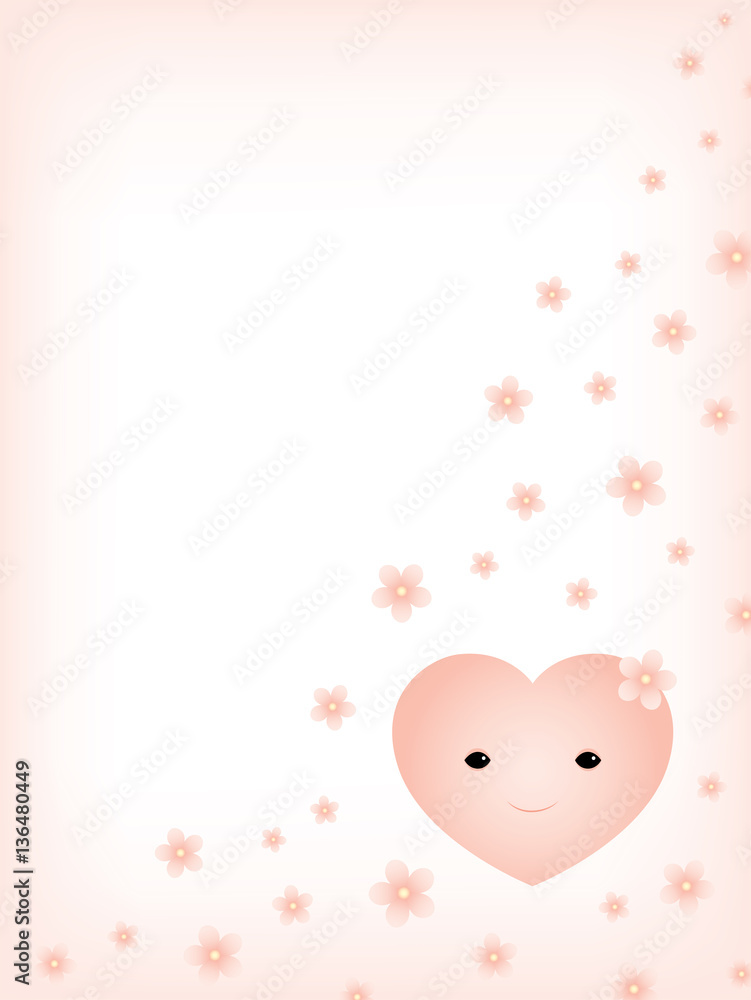 Vector white and pink background with illustration of a smiling heart and falling cherry flowers. Pastel tones. Vertical format. Place for text. Vector white and pink background with illustration of a smiling heart and falling cherry flowers. Pastel tones. Vertical format. Place for text.