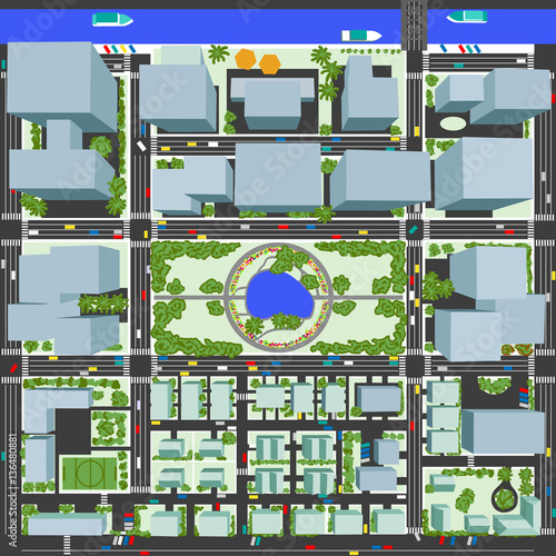 Birds Eye Aerial View of City with Buildings and Houses - Detailed overview of city from above Grouped and Layered EPS10
