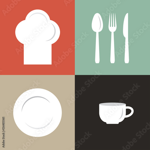 vector illustration of chef's hat, plate, cup and flatware