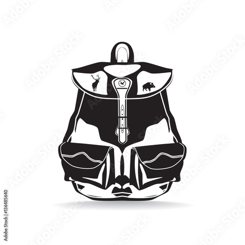 Vector hunter backpack flat black and white illustration
