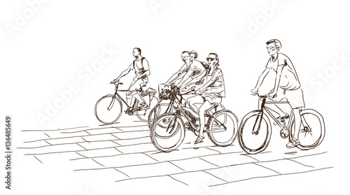 Bicyclist rider men with bikes isolated on background, vector illustration, hand drawn, sketch.