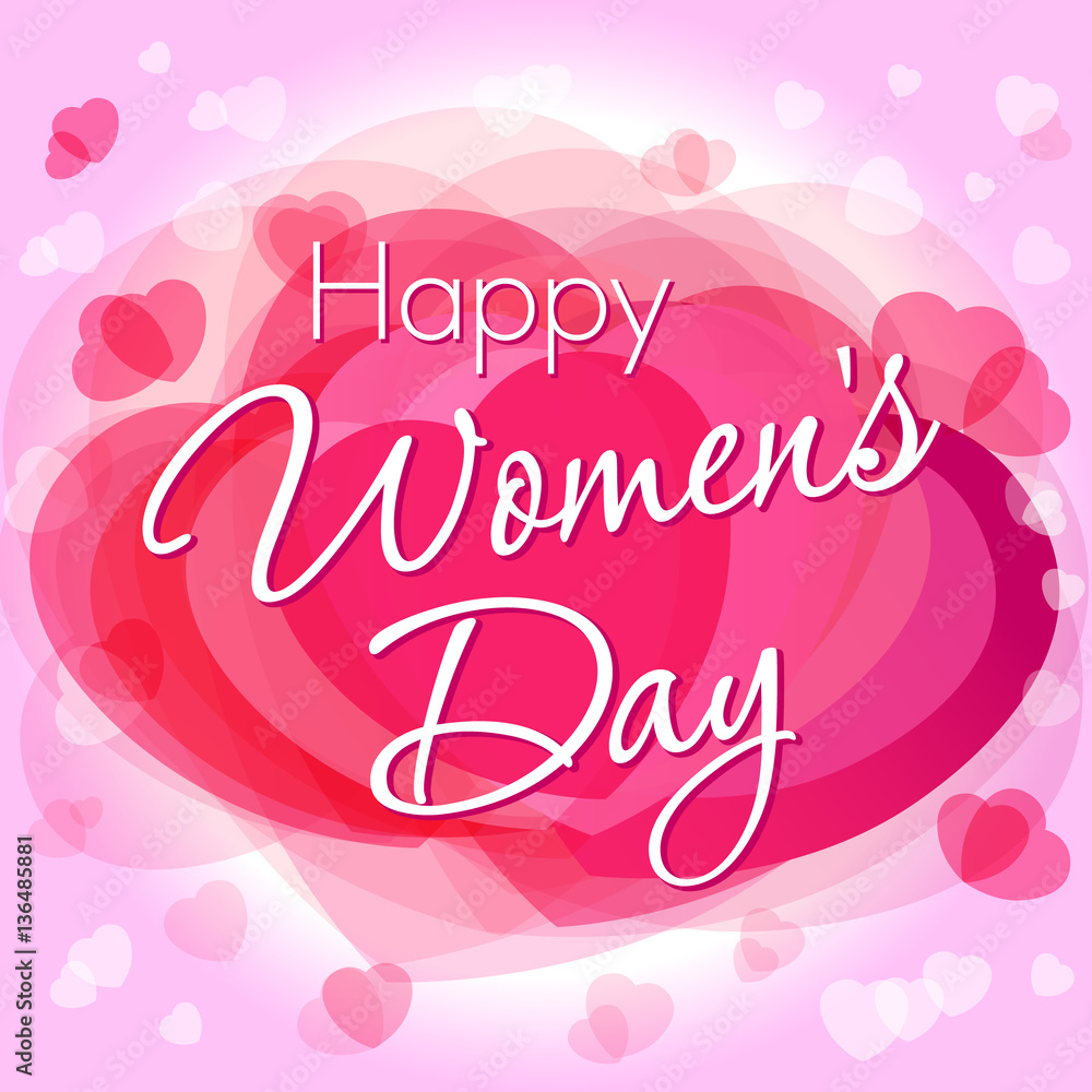 Happy Women's Day hearts greeting 8 March card template. Happy Women's Day lettering greeting on pink hearts background